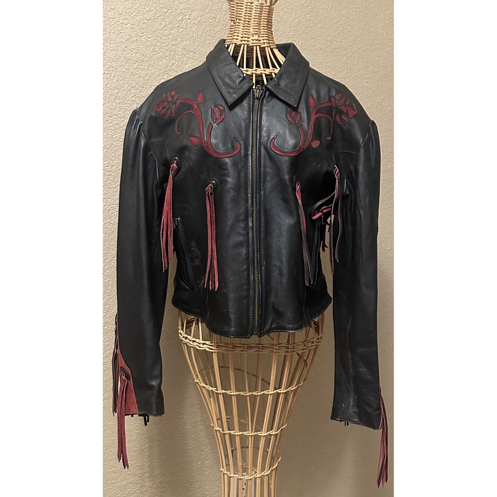 Highway One Womens Black Leather Fringe Motorcycle Jacket Red Rose Inlay Western